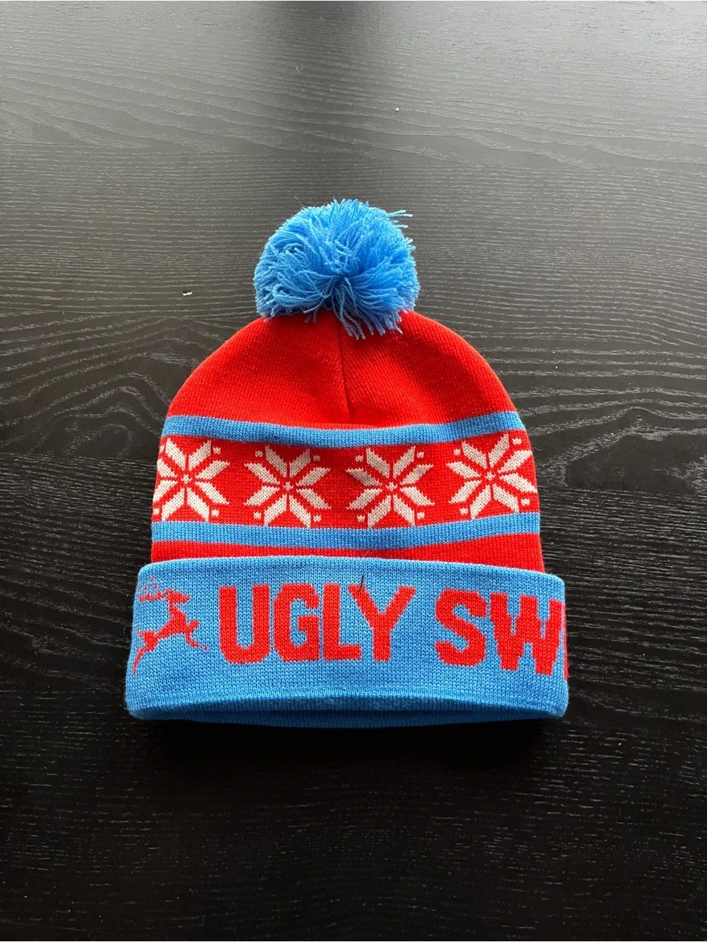 Ugly Sweater Run Red & Blue Knit Beanie Pom Hat One Size